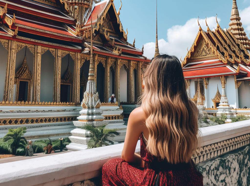 Młoda kobieta podziwiająca zabytki w Tajlandii