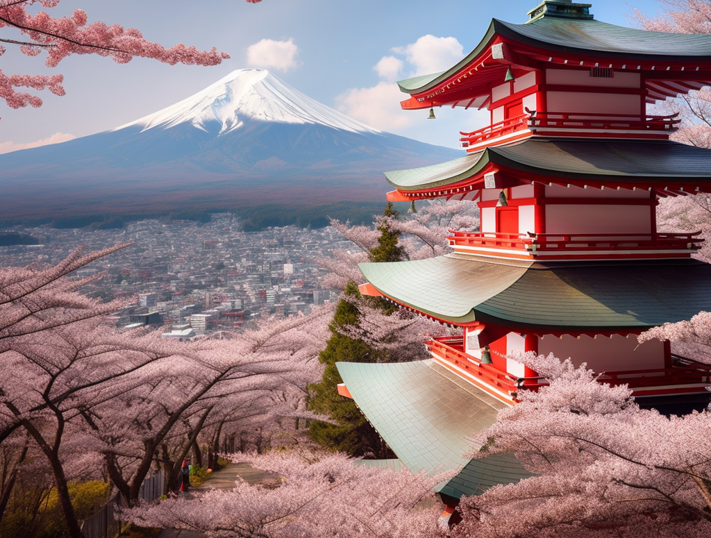 Góra Fuji, kwitnące wiśnie i japoński budynek